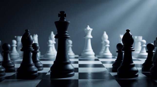 Chess pieces on board with dramatic lighting strategy competition concept