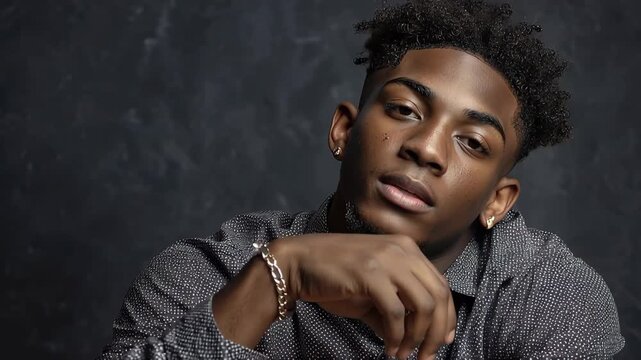 Black high school student engaged in reflective thought while dressed in a stylish outfit in an indoor setting during a portrait session