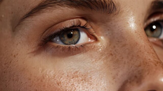 Closeup shot of a woman with glowing skin showcasing natural beauty and freckles in warm lighting