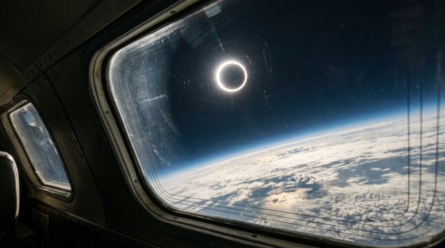 Stunning Solar Eclipse View from Spacecraft Window Above Earth.