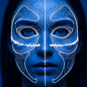 Digital interface overlay highlights facial structure with glowing blue light