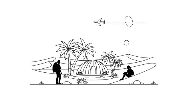 Backpackers camping at desert oasis with palm trees and airplane