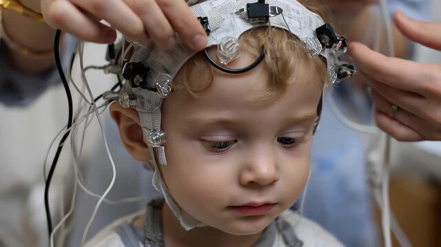 Child undergoes electroencephalography procedure at a medical facility, capturing the focus and curiosity during the test