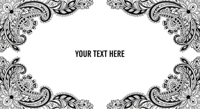 Elegant Black and White Floral Paisley Corner Frame Decorative Design.