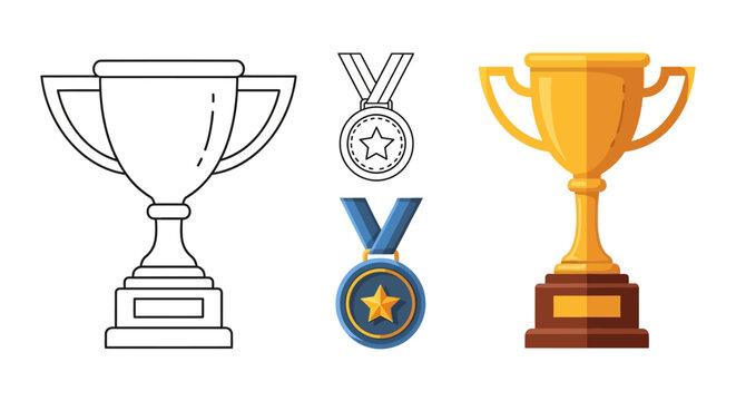 Trophy and Medals Icons: Award, Victory, Success, Achievement, Competition, Champion