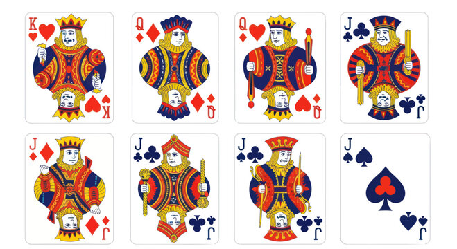 Playing Cards: King, Queen, Jack - Red and Blue Suits, White Background