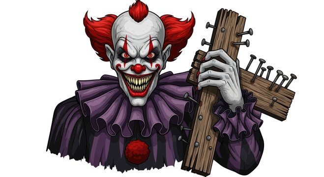 Terrifying Clown Holding Wooden Cross with Nails, Horror Character Illustration