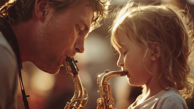 Father and daughter share a saxophone moment during a golden sunset at a backyard gathering, creating cherished memories together