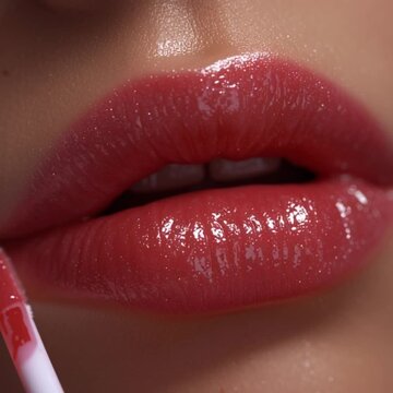 Woman applying glossy coral lip gloss for a shimmering pout video animation