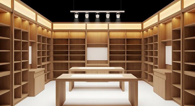 Elegant Wooden Retail Space Interior with Shelves and Display Tables.