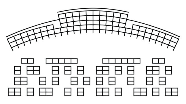 Set of plan for arranging seats semicircle and rows in interior layout outline, place spectators classroom map seats amphitheater scheme, chairs and tables furniture top view, vector line illustration
