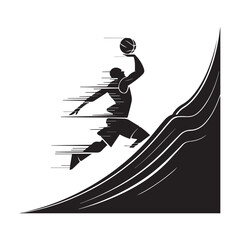 Dynamic Basketball Player Silhouette Performing Slam Dunk With Abstract Speed Motion Lines Illustration.  © shahariea