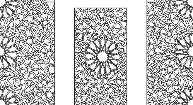 Intricate Geometric Islamic Pattern Panels with Intersecting Lines and Star Shapes.