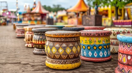Fototapeta premium Colorful Hand-Painted Stools Stacked at a Vibrant Festival Venue