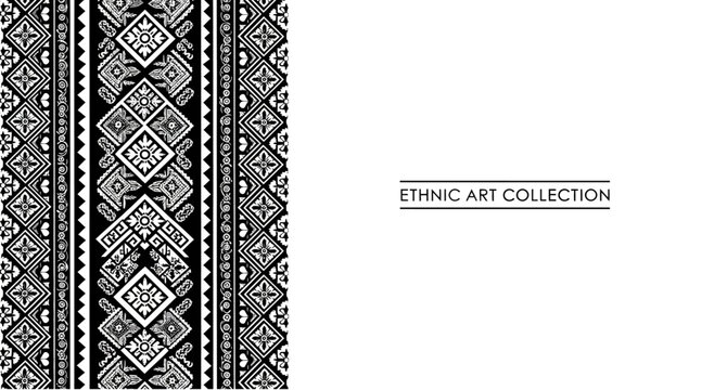 Black and White Traditional Ethnic Embroidery Pattern Border Design.