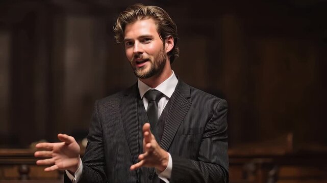 Confident attorney in formalwear delivering a compelling prosecution argument in a courtroom setting during an important trial session