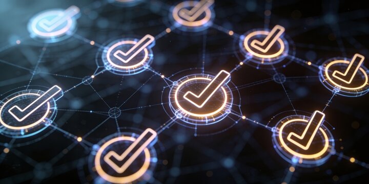 Holographic check mark approval network with glowing connected nodes on dark digital background for validation governance technology