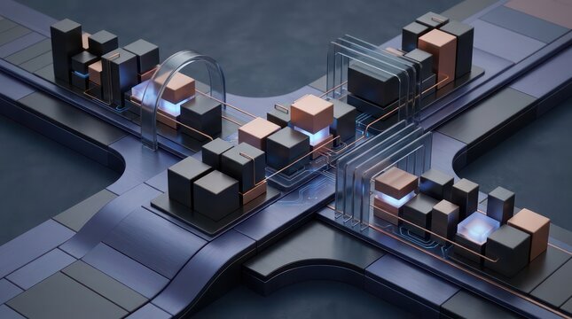Premium abstract business technology background with connected 3D artifact blocks, transparent orchestration flow, glowing blue copper routing and structured copy space