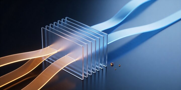 Translucent glass slats with amber and blue data ribbons on dark technology background with clean copy space and premium abstract digital flow