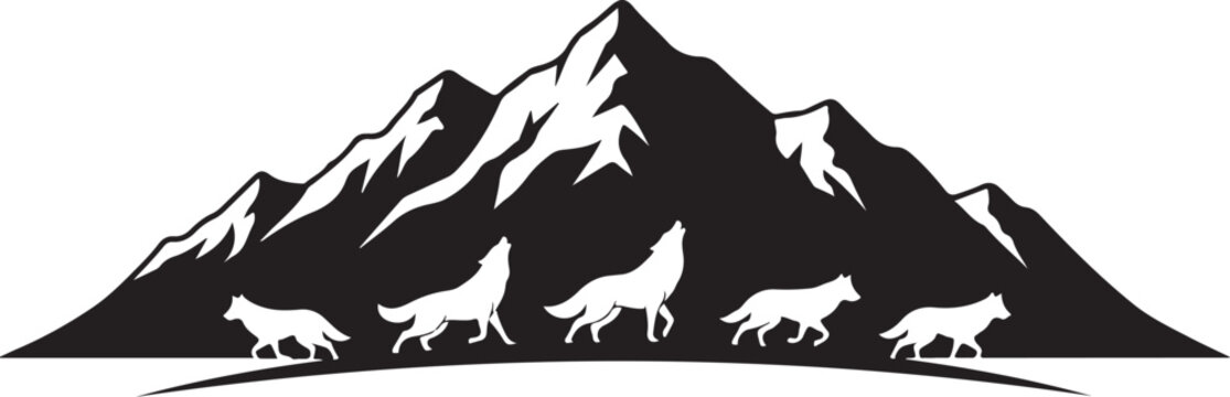 Mountain, wolf pack, silhouette, vector icons, wildlife, nature, black and white