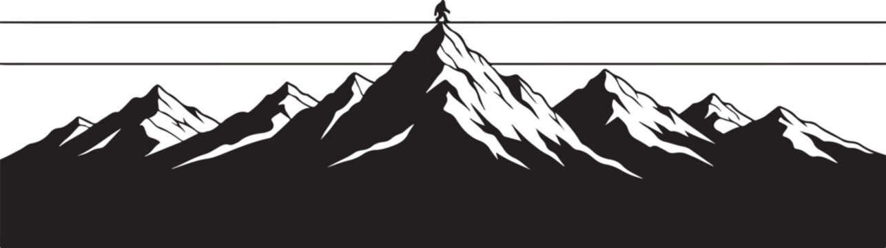 Black mountain range silhouette, snowy peaks vector, landscape icons, travel symbols