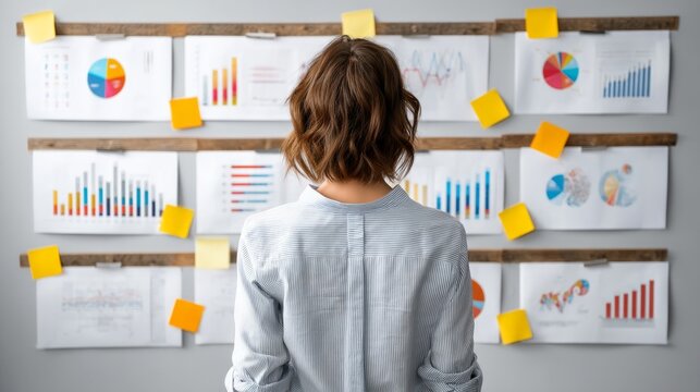 Person Analyzing Data Charts on a Wall-Mounted Presentation Board