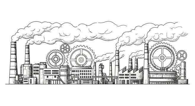 Hand drawn sketch of industrial factory landscape with smoke stacks and gears.