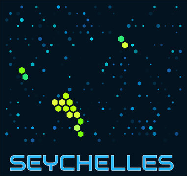 Seychelles hexagon dots map. Digital style shape of the island. Seychelles map and title. Large green colored hexagons, sparse blue dots at background. Vector Illustration.