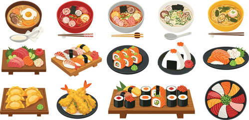Traditional Japanese Cuisine Vector Icon Set Featuring Sushi, Ramen, Gyoza, Sashimi, Onigiri, Tempura, and Miso Soup for Restaurant Menu Design © MdSirazul