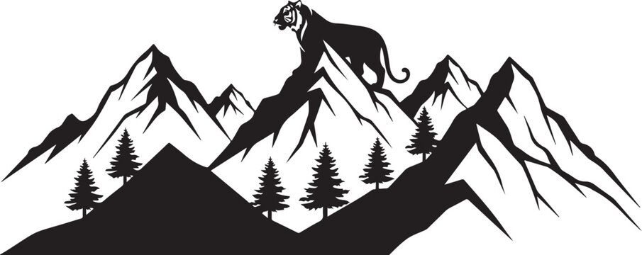 Black mountain lion, snow-capped peaks, pine trees, vector silhouette