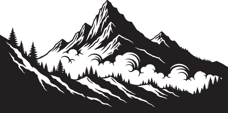 Black and white mountain landscape vector, snowy peaks illustration, scenic nature design, monochrome mountainscape