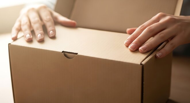 Person opening cardboard box with hands carefully positioned
