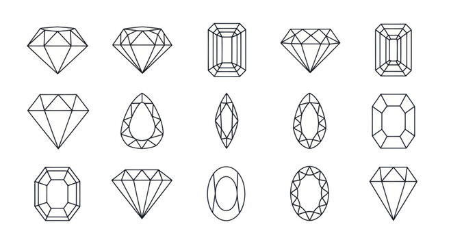 Gemstone Cut Icons: Diamond, Emerald, Pear, Marquise, Oval Shapes Line Art