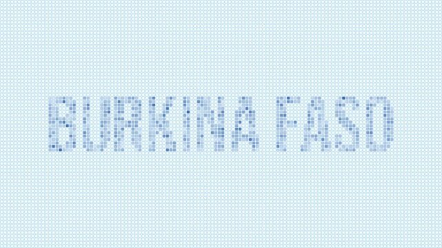 Burkina Faso dotted map animation. Digital style shape of the country. Burkina Faso shape and title dots appear with bulb flickering effect. Intro, outro, logo, title video.