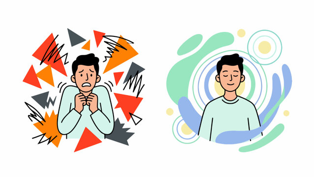 Illustration contrasting a person experiencing anxiety and stress with another person in a state of calm and mindfulness.