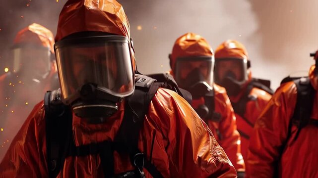 Firefighters engaged in a heroic rescue operation wearing protective suits amidst smoke and flames in a challenging emergency situation