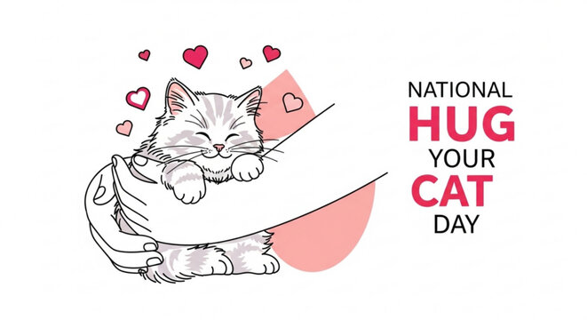 Playful cat illustration with hearts and text celebrating national hug your cat day featuring a relaxed feline with stripes on a vibrant white background