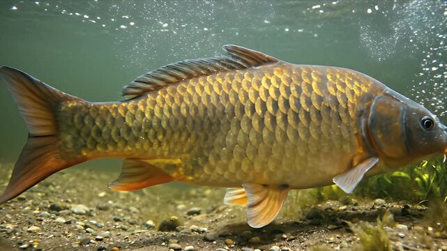 Large carp fish swimming underwater in a clear river with gravel bottom and aquatic plants
