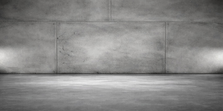 Empty dark room with a grunge gray concrete wall and floor texture featuring a weathered vintage stone pattern and old cement backdrop