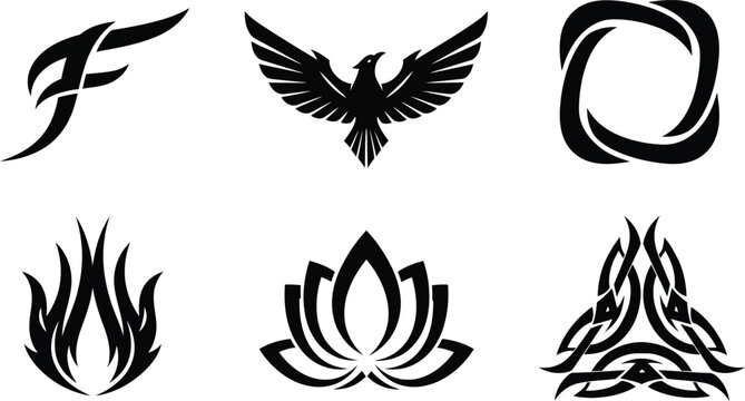 Elegant black vector designs phoenix floral and abstract shapes for tattoos logos and graphic vector art