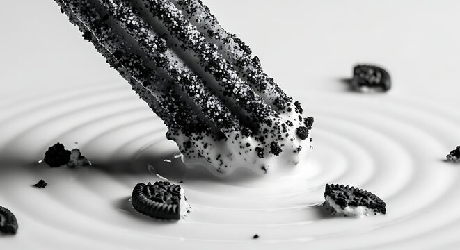 Black and White Image of a Churro Dipped in Milk with Cookie Crumbs.