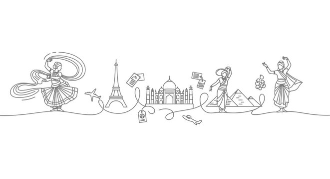 Continuous line drawing of world landmarks and cultural dancers