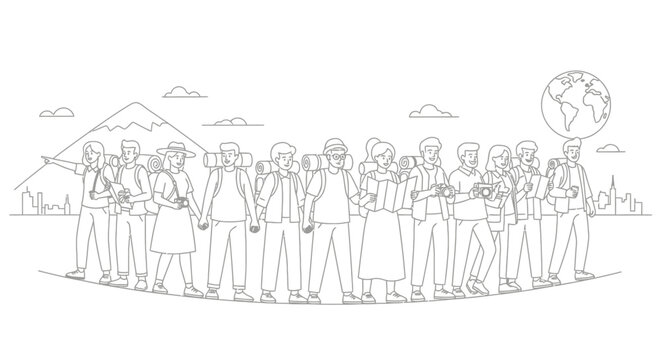 Diverse group of travelers with backpacks exploring the world