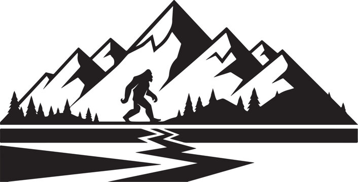 Bigfoot, mountain, silhouette, vector, black, iconic, mythical creature, landscape