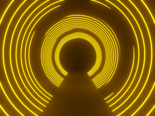 Naklejka premium Yellow neon tunnel. Black background with neon lights