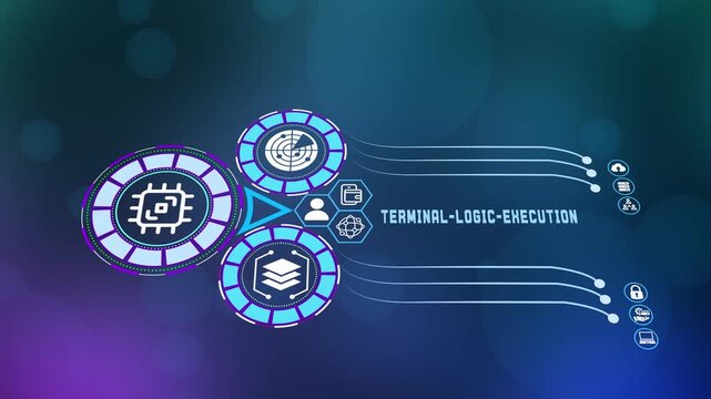 Digital visualization of terminal logic execution featuring automated command nodes and high tech interface elements for computing processes.