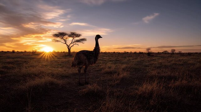 Lone emu stands in dry grassy Australian outback field at sunset with a distant acacia tree against a vibrant sky
