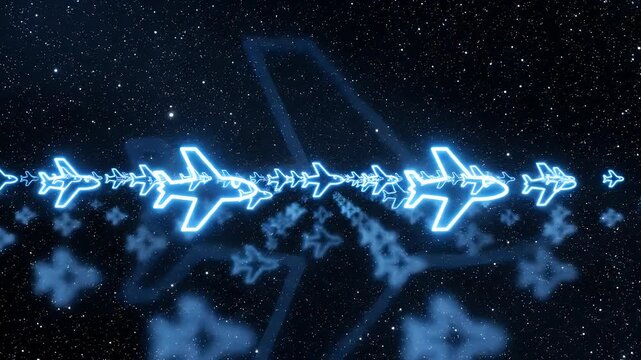 Neon airplanes flying in formation across a starry night sky.