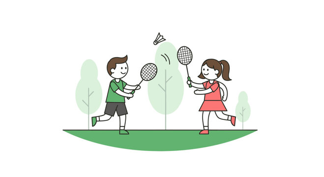 Children Playing Badminton Outdoors Together.