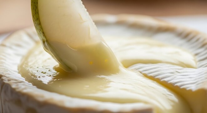 Close-up of creamy brie cheese with a slice being lifted, showcasing texture and deliciousness.